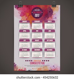 Calendar with watercolor paint 2017 design, English, Sunday start. Vector illustration