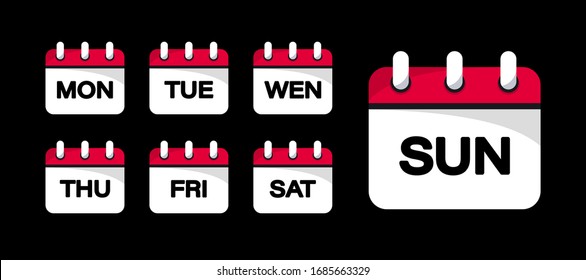 Calendar web buttons - Days of the week. The days of week badges. Set of Every Day of a Week Calendar Icons  in Trendy Flat Style