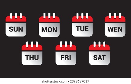 Botones web del calendario - Días de la semana. Las insignias de los días de la semana. Juego de iconos de calendario de cada día de una semana en estilo plano de moda