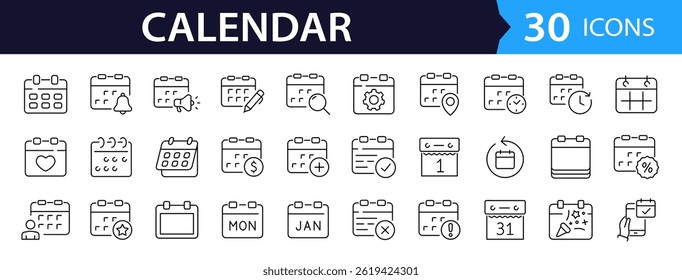 Calendar Web Icon Set in Line Style. Collection of Calendars Linear Icons, Including schedule, months, days, weeks, reminders, time management, deadline, planning and More. Editable Stroke