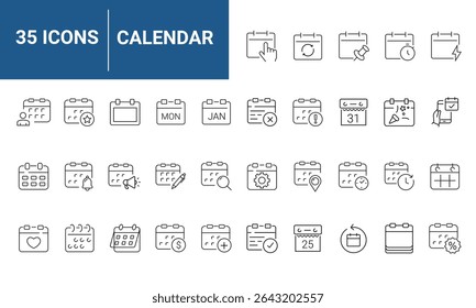 Calendar Web Icon Set in Line Style. Collection of Calendars Linear Icons, Including schedule, months, days, weeks, reminders, time management, deadline, planning and More. Editable Stroke