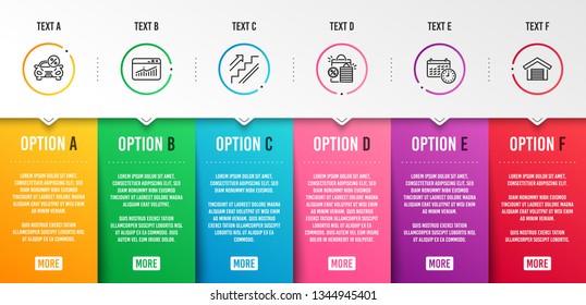 Calendar, Website statistics and Car leasing icons simple set. Stairs, Shopping bags and Parking garage signs. Time, Data analysis. Business set. Infographic template. 6 steps timeline. Vector