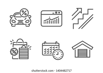 Calendar, Website statistics and Car leasing icons simple set. Stairs, Shopping bags and Parking garage signs. Time, Data analysis. Business set. Line calendar icon. Editable stroke. Vector