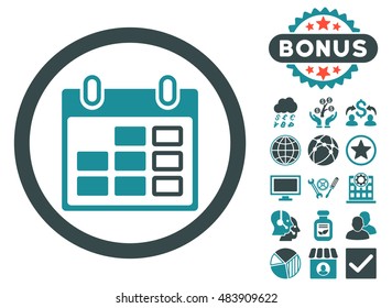 Calendar Week icon with bonus design elements. Vector illustration style is flat iconic bicolor symbols, soft blue colors, white background.
