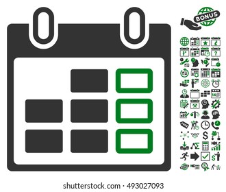 Calendar Week icon with bonus calendar and time management pictograph collection. Vector illustration style is flat iconic bicolor symbols, green and gray colors, white background.