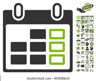 Calendar Week icon with bonus calendar and time management clip art. Vector illustration style is flat iconic bicolor symbols, eco green and gray colors, white background.