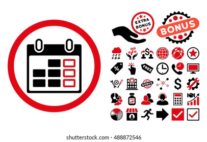 Calendar Week pictograph with bonus symbols. Vector illustration style is flat iconic bicolor symbols, intensive red and black colors, white background.