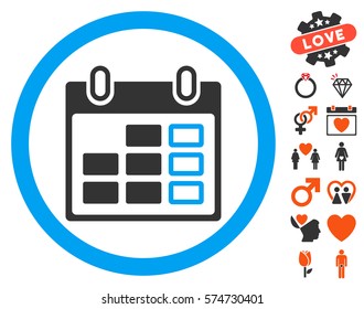 Calendar Week pictograph with bonus valentine pictograms. Vector illustration style is flat iconic symbols for web design, app user interfaces.