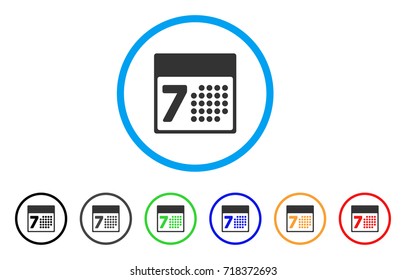 Calendar Week rounded icon. Style is a flat calendar week grey symbol inside light blue circle with black, gray, green, blue, red, orange color versions.
