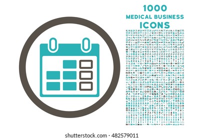Calendar Week rounded vector bicolor icon with 1000 medical business icons. Set style is flat pictograms, grey and cyan colors, white background.