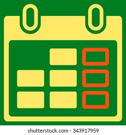 Calendar Week vector icon. Style is bicolor flat symbol, orange and yellow colors, rounded angles, green background.