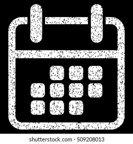Calendar Weekend grainy textured icon for overlay watermark stamps. Flat symbol with dust texture. Dotted vector white ink rubber seal stamp with grunge design on a black background.