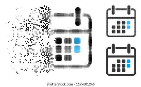 Calendar weekend icon in dispersed, pixelated halftone and undamaged solid variants. Pixels are combined into vector disappearing calendar weekend figure. Disappearing effect uses rectangular dots.