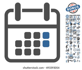 Calendar Weekend pictograph with bonus calendar and time management icon set. Vector illustration style is flat iconic bicolor symbols, cobalt and gray colors, white background.