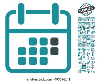 Calendar Weekend pictograph with bonus calendar and time management images. Vector illustration style is flat iconic bicolor symbols, soft blue colors, white background.