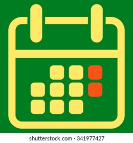 Calendar Weekend vector icon. Style is bicolor flat symbol, orange and yellow colors, rounded angles, green background.
