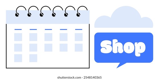Calendário com um layout semanal com uma bolha de fala rotulada Loja. Ideal para compras online. Comércio eletrônico. Programação. Campanhas de marketing. Comércio a retalho. O estilo é vetor plano mínimo com um