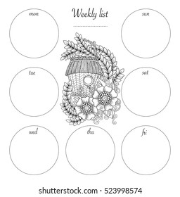 Calendar, weekly list with vintage decorative elements. Oriental pattern, vector illustration. Planner Design and hand drawn coloring page. Black and white floral pattern and the doodle bird house.