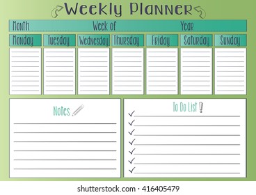 Calendar Weekly Planner Template Organizer Schedule Stock Vector ...