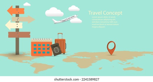 Calendar  with  white airplane  taking off in the air with  luggage  passport location pin on world map ,Business travel vacation booking  holiday summer Concept