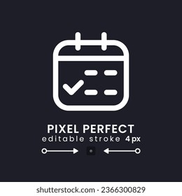 Calendar white linear desktop icon on black. Work schedule. Time planner. Productivity tool. Chosen date. Pixel perfect, outline 4px. Isolated user interface symbol for dark theme. Editable stroke