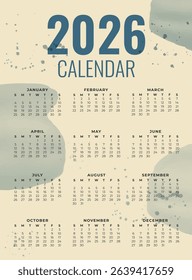 Calendar for the whole year 2026 with watercolor spots. All months on one page. Perfect for printing, interior decoration, planning, gifts and crafts. Vector illustration in retro style