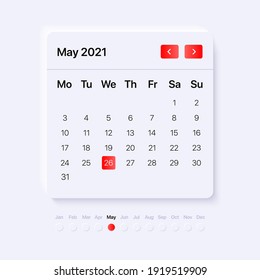 Calendar widget template. UI, UX, GUI layout for mobile and web application. Neumorphism concept design. Vector illustration