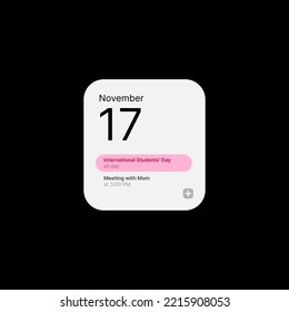 Calendar Widget UI Concept on Black Background. Social Media Illustration. Month Day. Editable Calendar and Reminder Icon. Web Element for Mobile Applications. Vector illustration