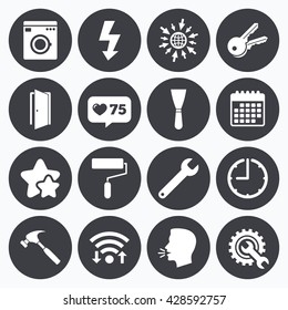 Calendar, wifi and clock symbols. Like counter, stars symbols. Repair, construction icons. Electricity, keys and hammer signs. Door, washing machine and service symbols. Talking head, go to web.