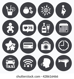 Calendar, wifi and clock symbols. Like counter, stars symbols. Hotel, apartment service icons. Fitness gym. Alcohol cocktail, taxi and hairdryer symbols. Talking head, go to web symbols. Vector