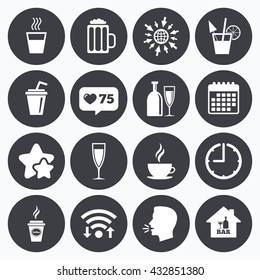 Calendar, wifi and clock symbols. Like counter, stars symbols. Cocktail, beer icons. Coffee and tea drinks. Soft and alcohol drinks symbols. Talking head, go to web symbols. Vector