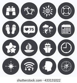 Calendar, wifi and clock symbols. Like counter, stars symbols. Cruise trip, ship and yacht icons. Travel, lifebuoy and palm trees signs. Binoculars, windrose and storm symbols.