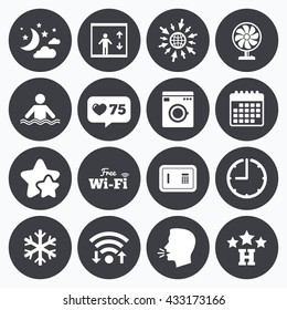 Calendar, wifi and clock symbols. Like counter, stars signs. Hotel, apartment service icons. Washing machine. Wifi, air conditioning and swimming pool. Talking head, go to web symbols. Vector