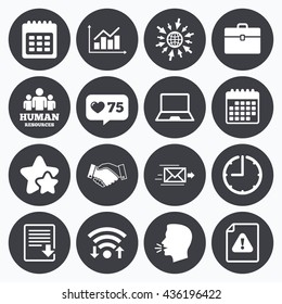 Calendar, wifi and clock symbols. Like counter, stars symbols. Office, documents and business icons. Human resources, handshake and download signs. Chart, laptop and calendar symbols. Talking head.
