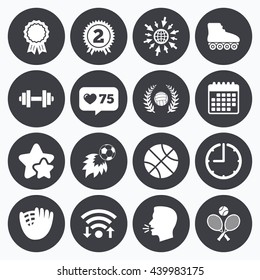 Calendar, wifi and clock symbols. Like counter, stars symbols. Sport games, fitness icons. Football, basketball and volleyball signs. Dumbbell, baseball and winner award symbols. Talking head. Vector