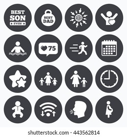 Calendar, wifi and clock symbols. Like counter, stars symbols. People, family icons. Swimming, baby and pregnant woman signs. Best dad, runner and fan symbols. Talking head, go to web symbols. Vector
