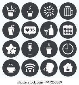 Calendar, wifi and clock symbols. Like counter, stars symbols. Tea, coffee and beer icons. Beer, wine and cocktail signs. Take away drinks. Talking head, go to web symbols. Vector