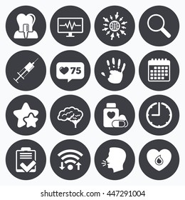 Calendar, wifi and clock symbols. Like counter, stars symbols. Medicine, medical health and diagnosis icons. Blood, syringe injection and neurology signs. Tooth implant, magnifier symbols. Vector