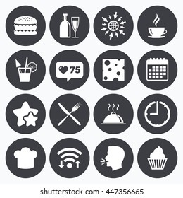 Calendar, wifi and clock symbols. Like counter, stars symbols. Food, drink icons. Coffee and hamburger signs. Cocktail, cheese and cupcake symbols. Talking head, go to web symbols. Vector