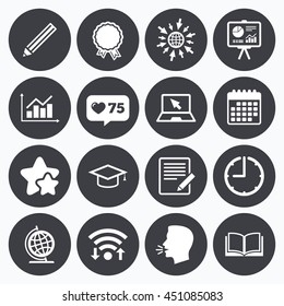 Calendar, wifi and clock symbols. Like counter, stars symbols. Education and study icon. Presentation signs. Report, analysis and award medal symbols. Talking head, go to web symbols. Vector
