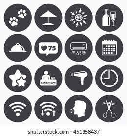 Calendar, wifi and clock symbols. Like counter, stars symbols. Hotel, apartment services icons. Wifi internet sign. Pets allowed, alcohol and air conditioning symbols. Talking head, go to web symbols.