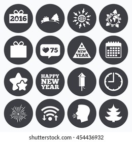 Calendar, wifi and clock symbols. Like counter, stars symbols. Christmas, new year icons. Gift box, fireworks signs. Santa bag, salut and rocket symbols. Talking head, go to web symbols. Vector