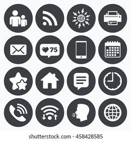 Calendar, wifi and clock symbols. Like counter, stars symbols. Contact, mail icons. Communication signs. E-mail, chat message and phone call symbols. Talking head, go to web symbols. Vector