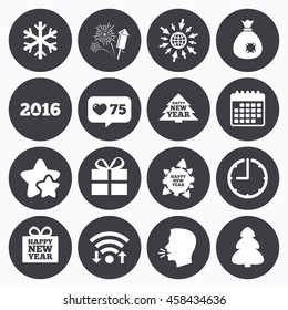 Calendar, wifi and clock symbols. Like counter, stars symbols. Christmas, new year icons. Gift box, fireworks and snowflake signs. Santa bag, salut and rocket symbols. Talking head, go to web symbols.
