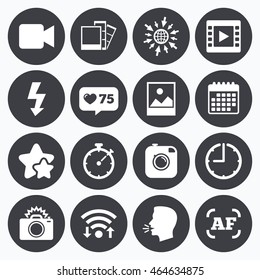 Calendar, wifi and clock symbols. Like counter, stars symbols. Photo, video icons. Camera, photos and frame signs. Flash, timer and landscape symbols. Talking head, go to web symbols. Vector