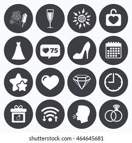 Calendar, wifi and clock symbols. Like counter, stars symbols. Wedding, engagement icons. Locker with heart, gift box and fireworks signs. Dress, heart and champagne glass symbols. Talking head.