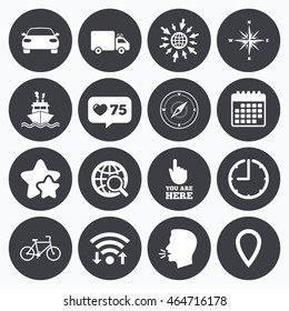 Calendar, wifi and clock symbols. Like counter, stars symbols. Navigation, gps icons. Windrose, compass and map pointer signs. Bicycle, ship and car symbols. Talking head, go to web symbols. Vector