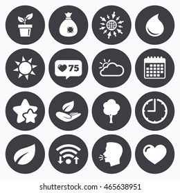 Calendar, wifi and clock symbols. Like counter, stars symbols. Garden sprout, leaf icons. Nature and weather signs. Sun, cloud and tree symbols. Talking head, go to web symbols. Vector