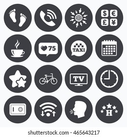 Calendar, wifi and clock symbols. Like counter, stars symbols. Hotel, apartment services icons. Coffee sign. Phone call, kid-friendly and safe strongbox symbols. Talking head, go to web symbols.