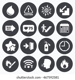 Calendar, wifi and clock symbols. Like counter, stars symbols. Fire safety, emergency icons. Fire extinguisher, exit and attention signs. Caution, water drop and way out symbols. Talking head. Vector